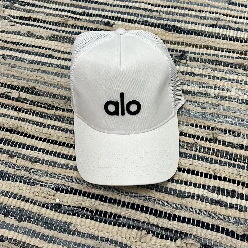 ALO Yoga White Mesh Trucker Hat with Black Logo
